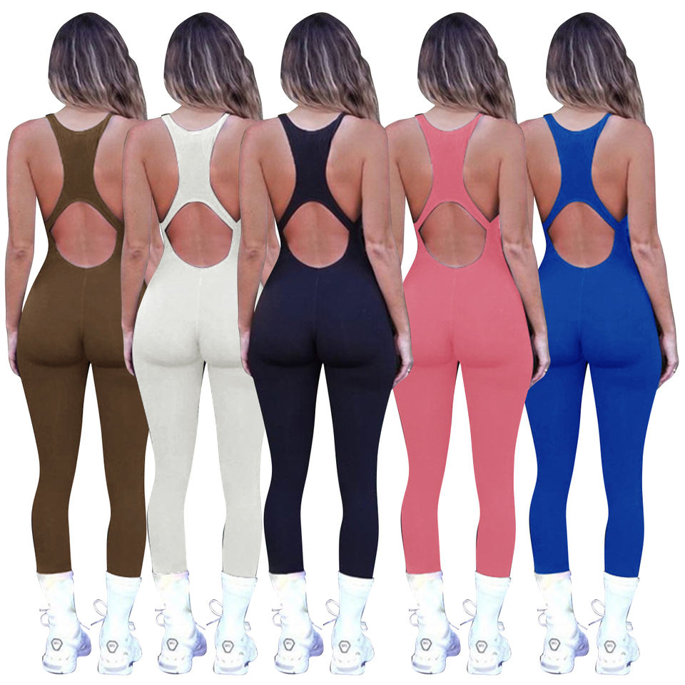 Guangzhou Clothing Factory New arrival fashion solid color slim fit seamless hollow out stretch one piece yoga suit casual women jumpsuit sportwear