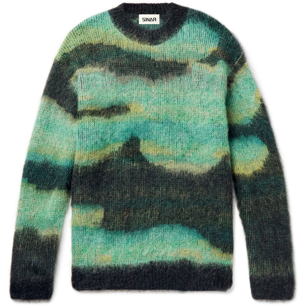 Custom LOGO Men Mohair Sweater Fuzzy Jacquard Pattern Pullover Knit Jumper Crew Neck Knitwear Winter Mohair Knitted Sweater Men