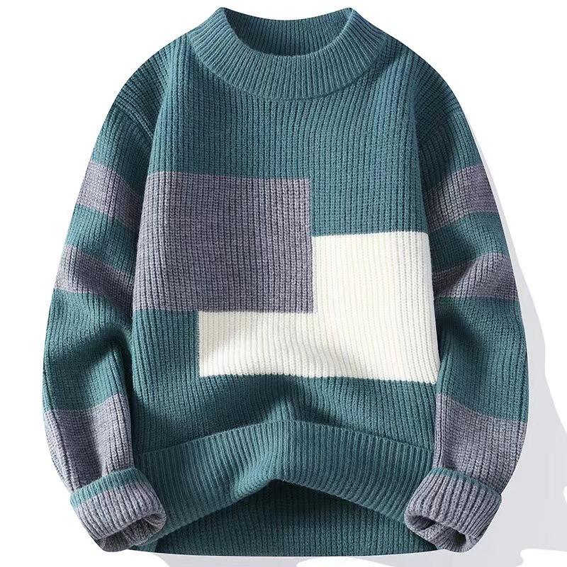 Custom Logo Winter Men Knit Jumper Fashion Pullover Patchwork Jacquard Knitwear Clothing Crew Neck Long Sleeve Knitted Sweater
